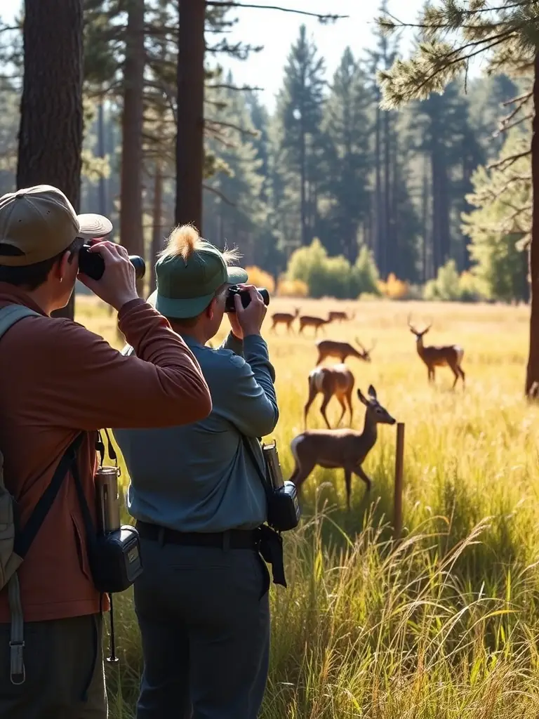 A photograph depicting ACCA members monitoring a local deer population in a forest clearing, using binoculars and GPS devices to track their movements and health.