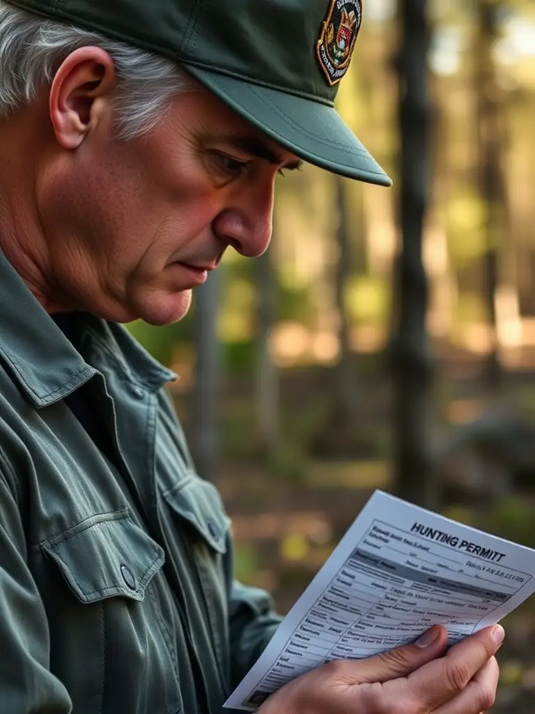 A close-up shot of an ACCA warden inspecting a hunting permit, emphasizing the association's role in regulating hunting activities to ensure sustainability.
