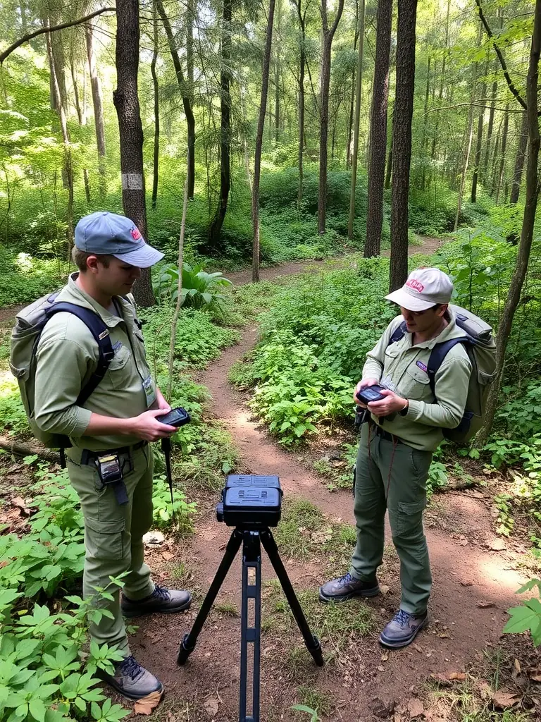 A photo of ACCA staff monitoring wildlife populations using GPS tracking and camera traps in a protected area.