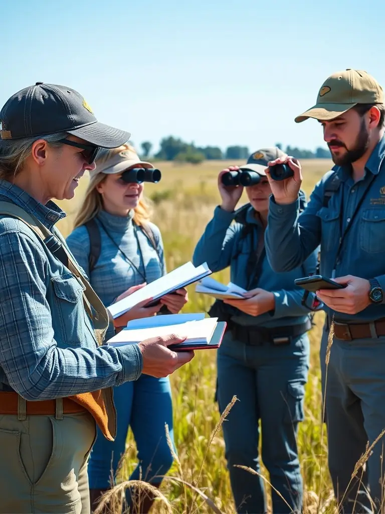 A photograph depicting ACCA members conducting a wildlife census in a local forest, using binoculars and notebooks to record observations.