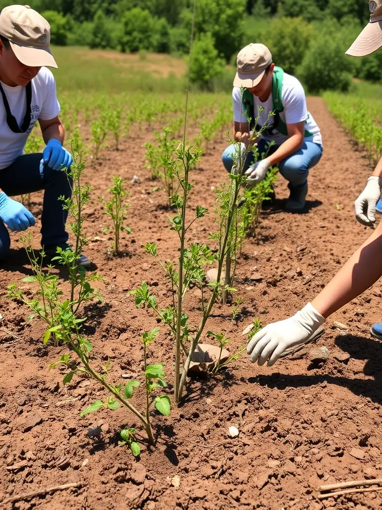 A photograph showing ACCA volunteers planting native trees and shrubs in a deforested area, restoring habitat for local wildlife and improving biodiversity.