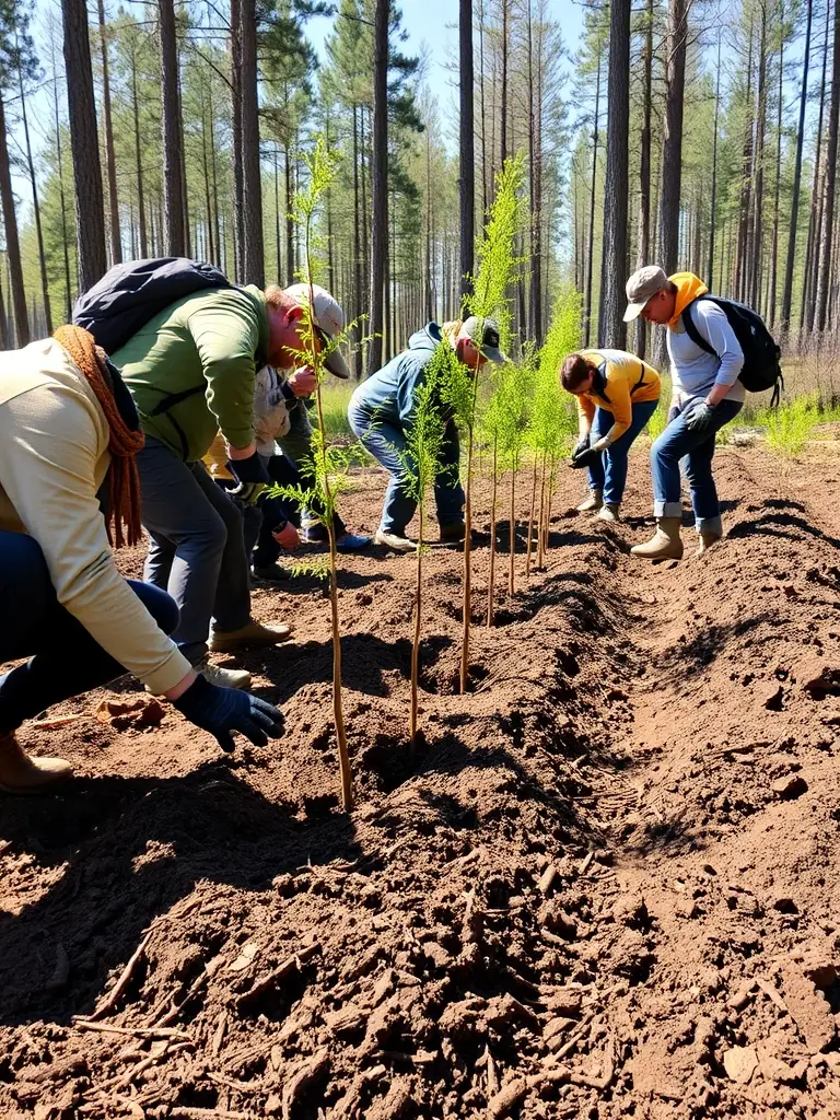 A photograph of volunteers planting trees in a deforested area, illustrating habitat restoration efforts by the ACCA.