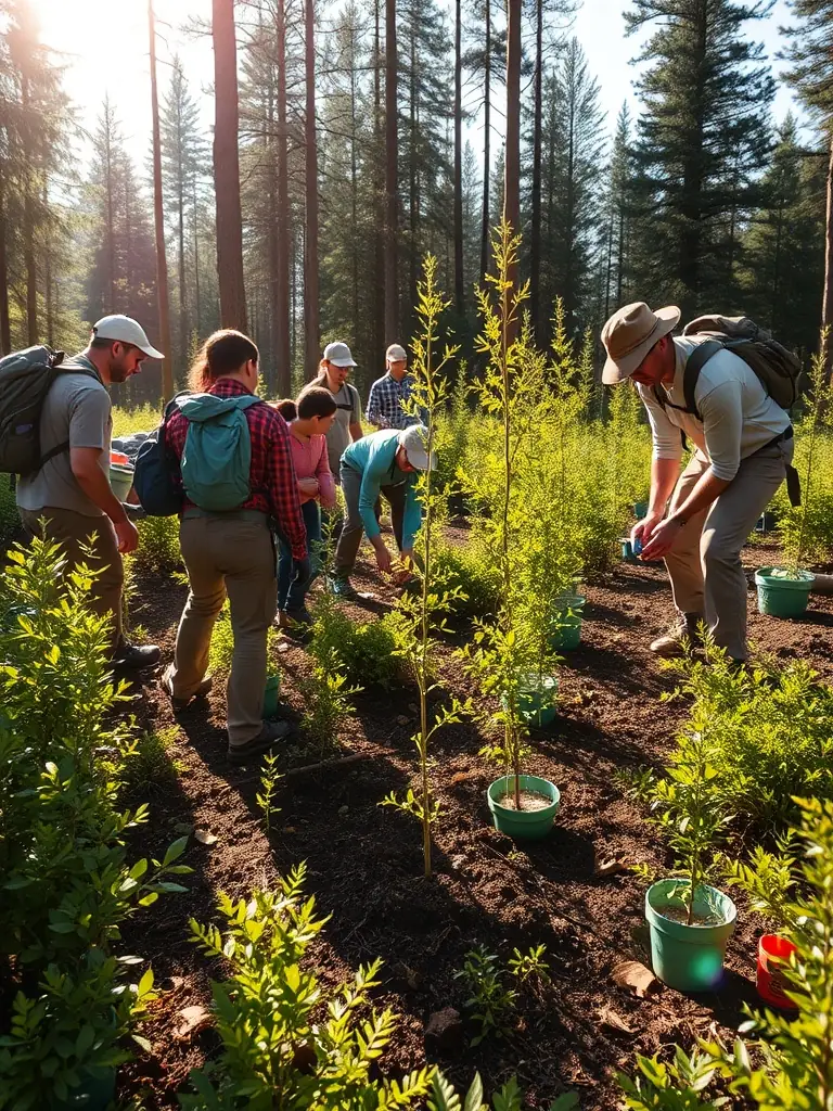 An image showing ACCA volunteers participating in a habitat restoration project, planting native trees and clearing invasive species along a riverbank.